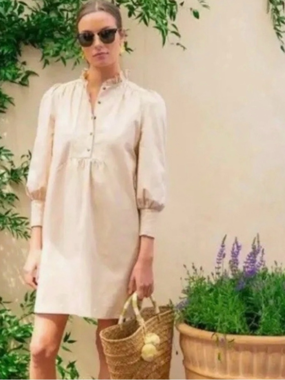 Tuckernuck X Pomander Place Dress Khaki Claiborne Shift ruffle Snap Buttons tan